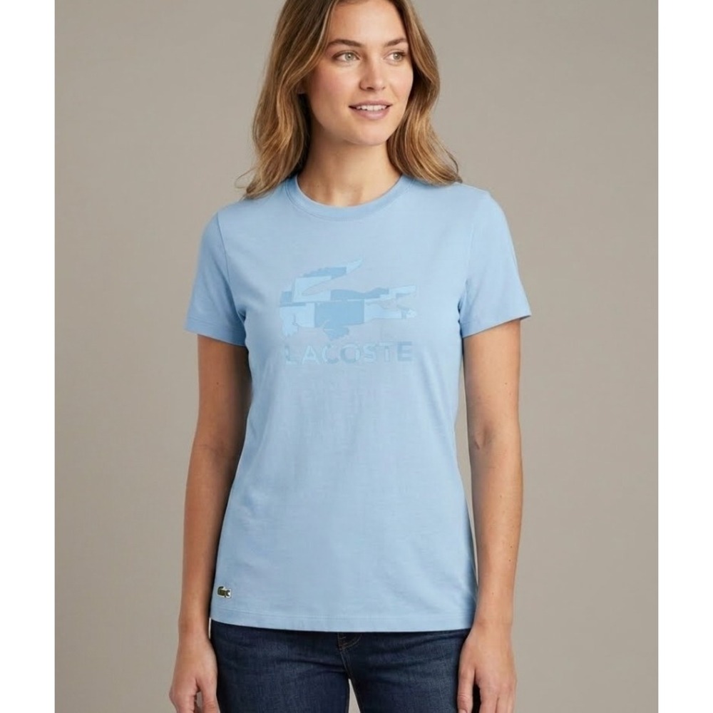 Lacoste Sport Womens Light Blue Graphic Logo Crew Neck T-Shirt TF2123 Size 38
